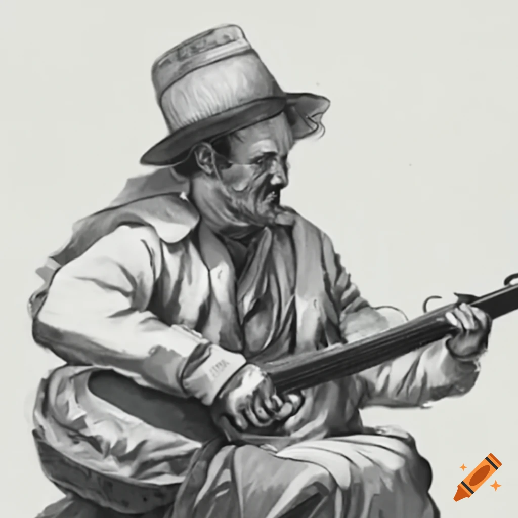 Historical scene of 1800's miners playing banjos by a campfire