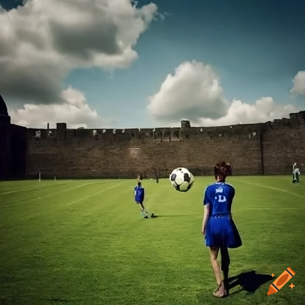 Football pitch surrounded by castle walls