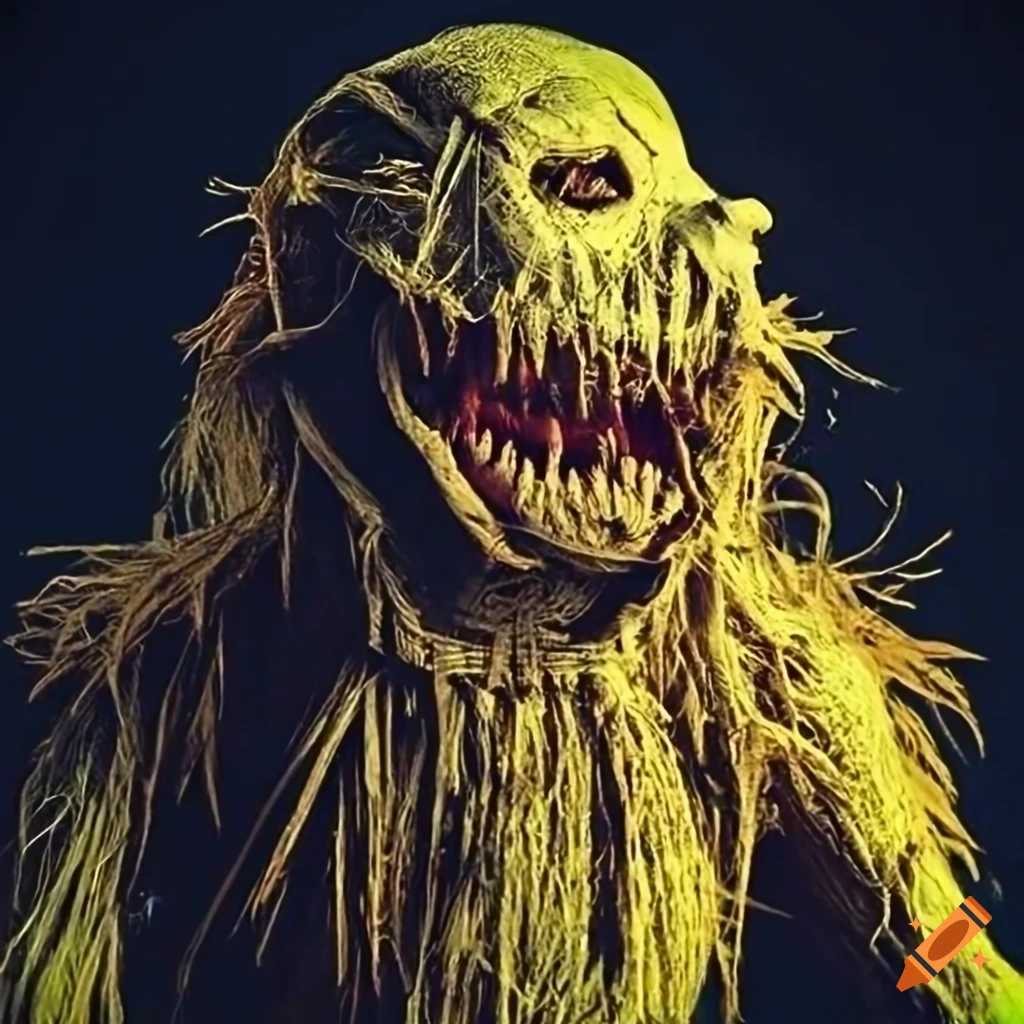 Scary burlap scarecrow with hat and hay hair in dramatic lighting