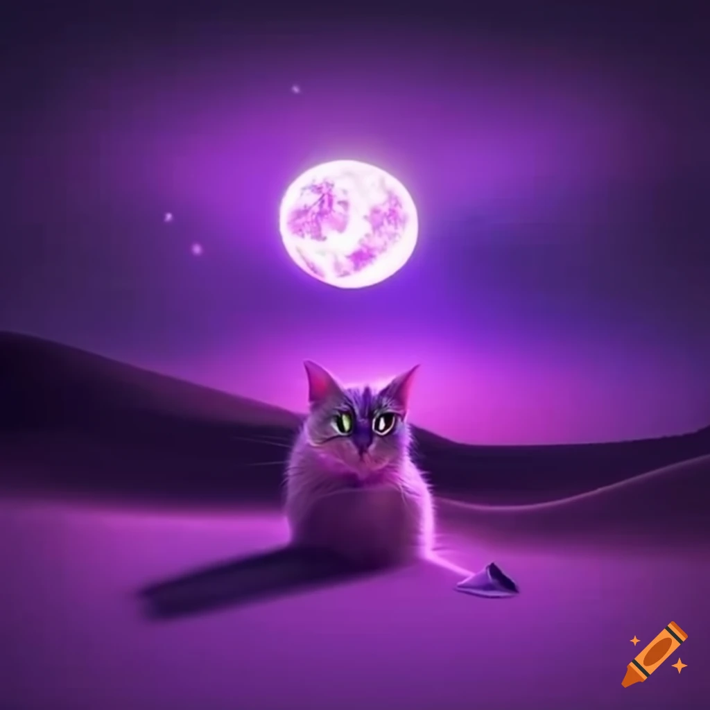 Magical purple cat in a surreal nighttime desert