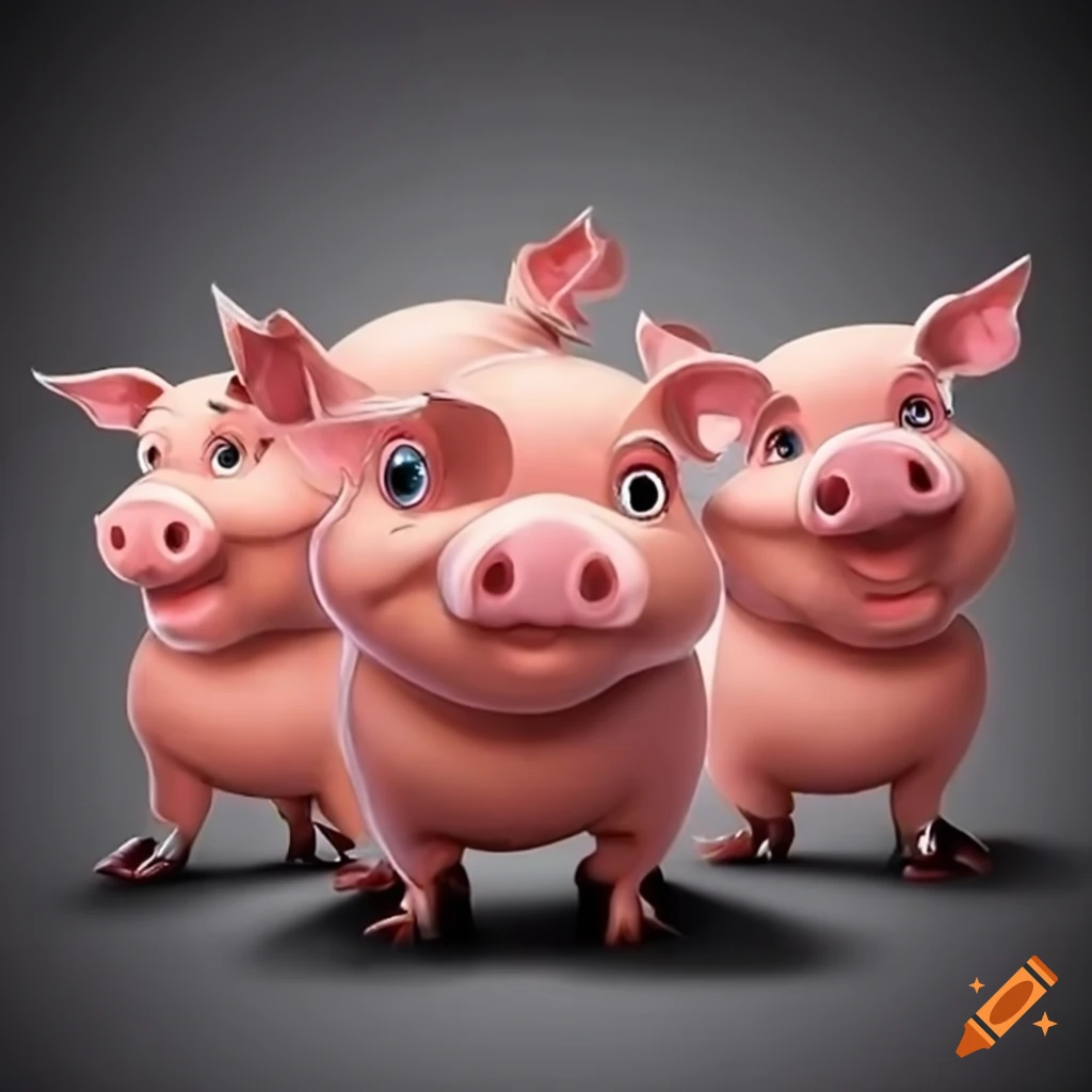 Group of nine cartoon pigs gathering together