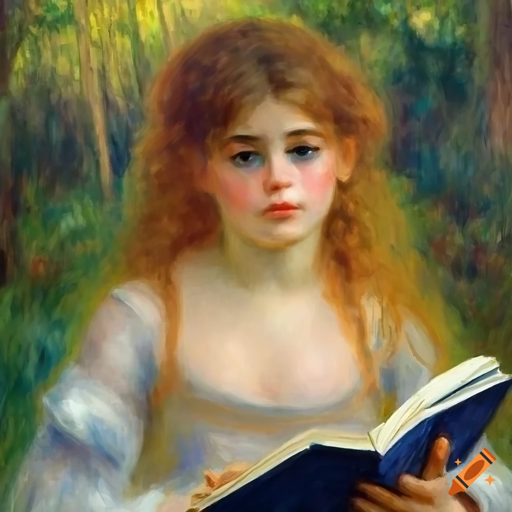 Renaissance style painting of a woman reading in the forest inspired by Renoir