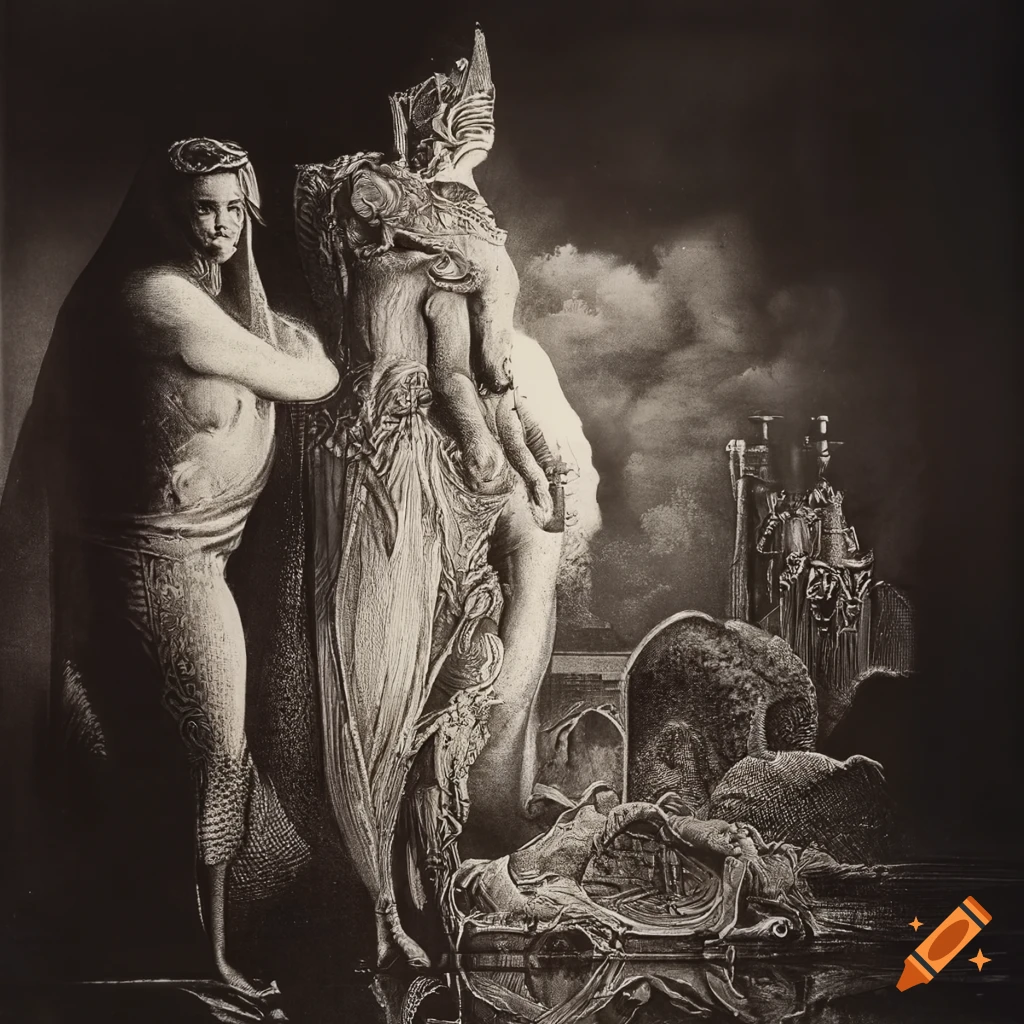 Surreal mezzotint with a 1970s sci-fi fantasy film style featuring influences by Gustave dore, Syd Mead, and H.R. Giger
