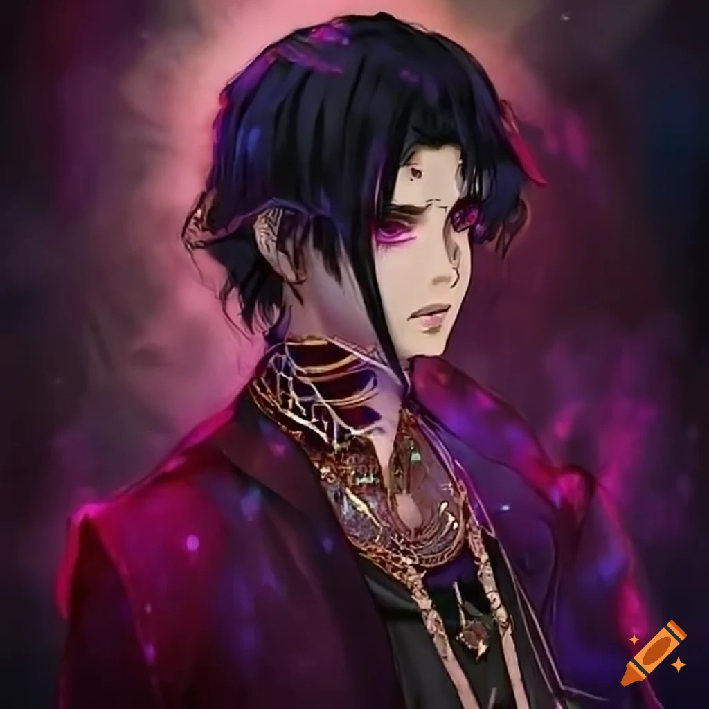 Male fortune teller with pink eyes and black hair surrounded by tarot cards and spells