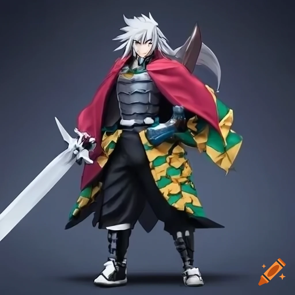 Illustration of Siegfried fused with Giyuu Tomioka as a black armor knight with a sword