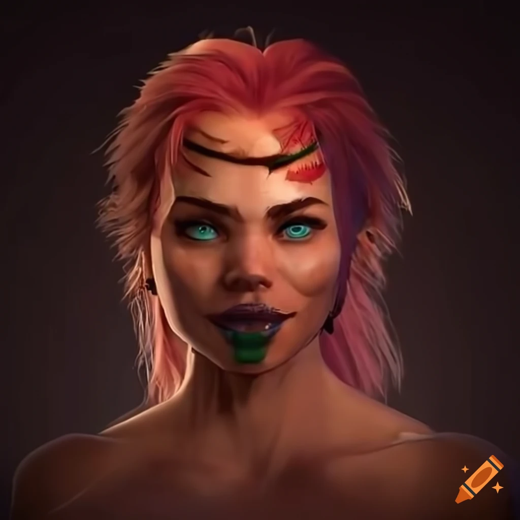 Tall muscular barbarian woman named Barbara with weathered skin