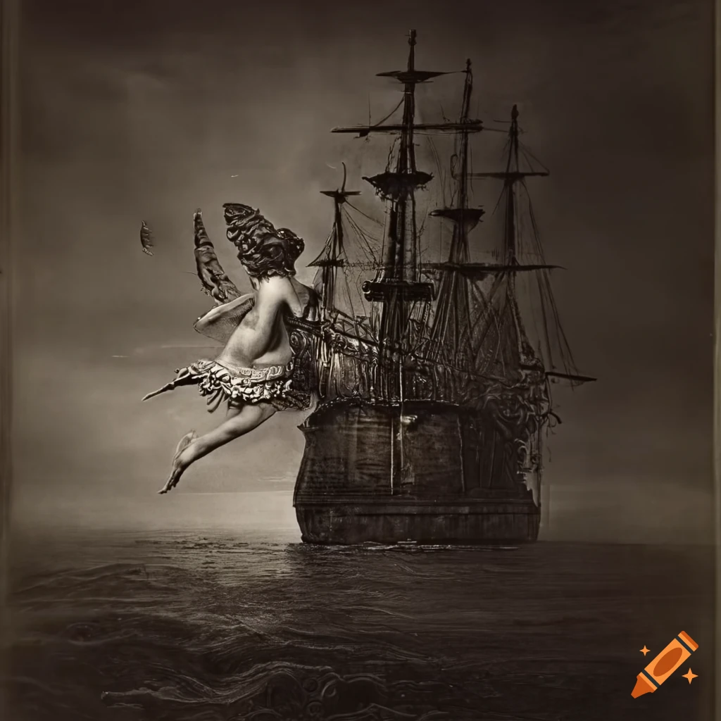 Surreal image of a fairy in front of a futuristic spaceship with a renaissance vibe in black and white