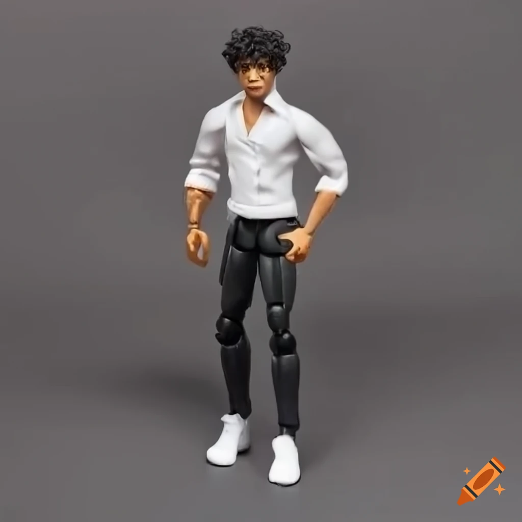 Black curly hair male action figure in white shirt and black jeans