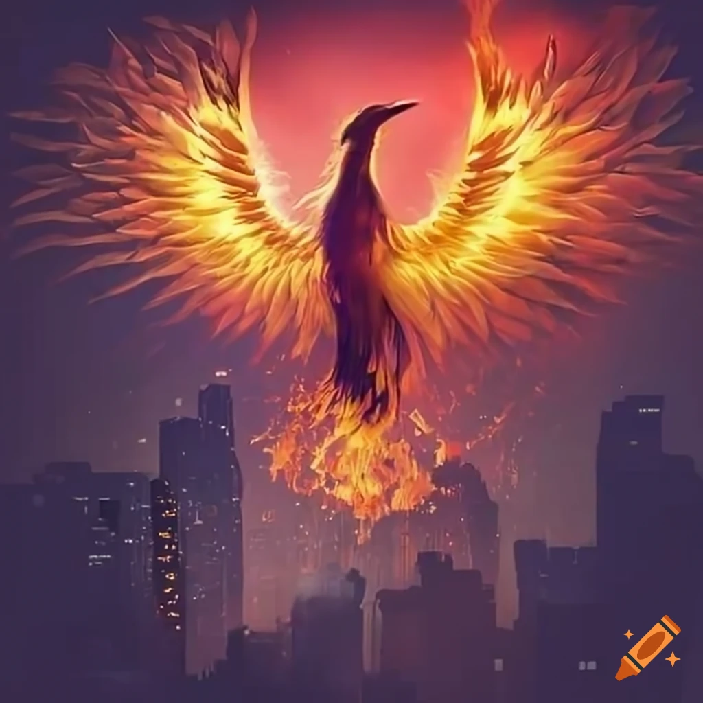 Digital phoenix rising over a burning city