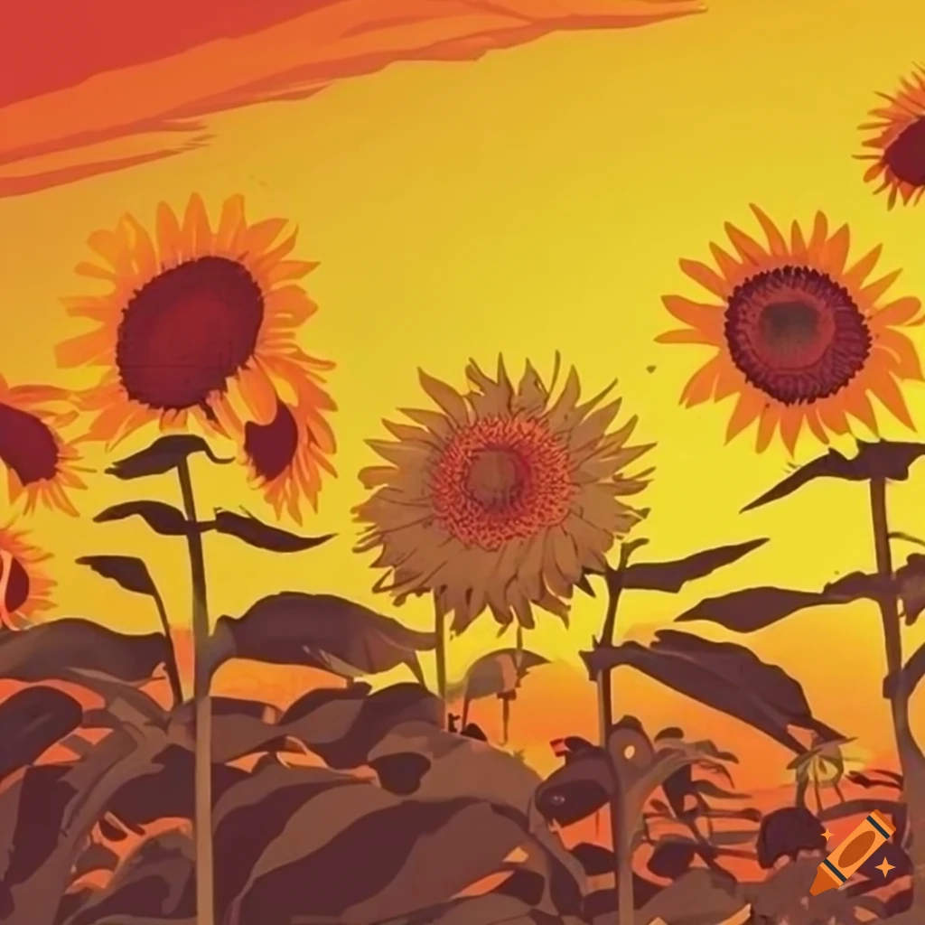 Isometric movie poster of sunflower field at sunset in 1950s style