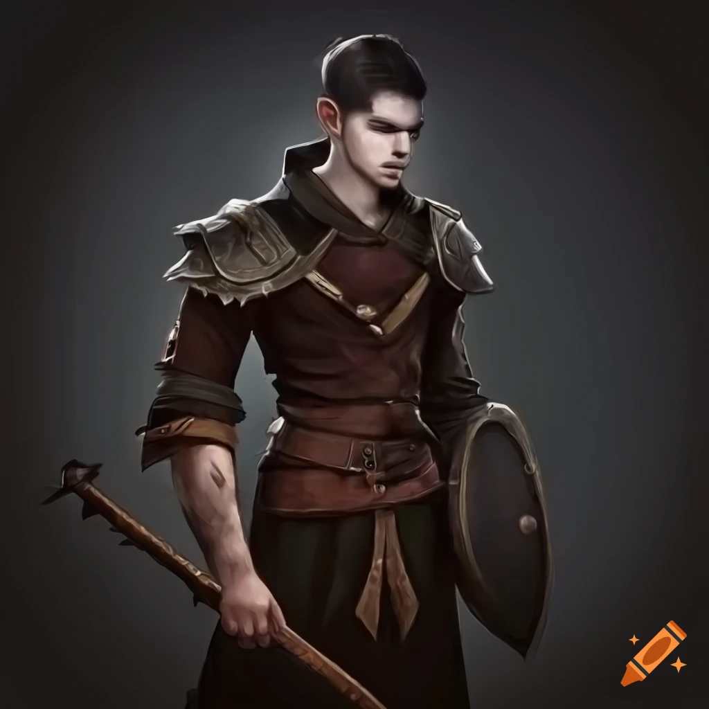 Dark fantasy male character with wooden shield and adventure clothing