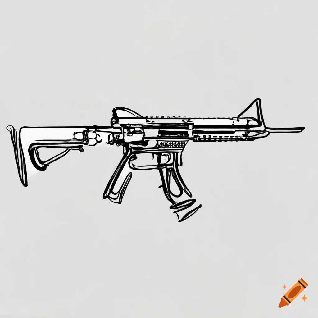 Continuous line drawing of an AR-15 rifle in black and white