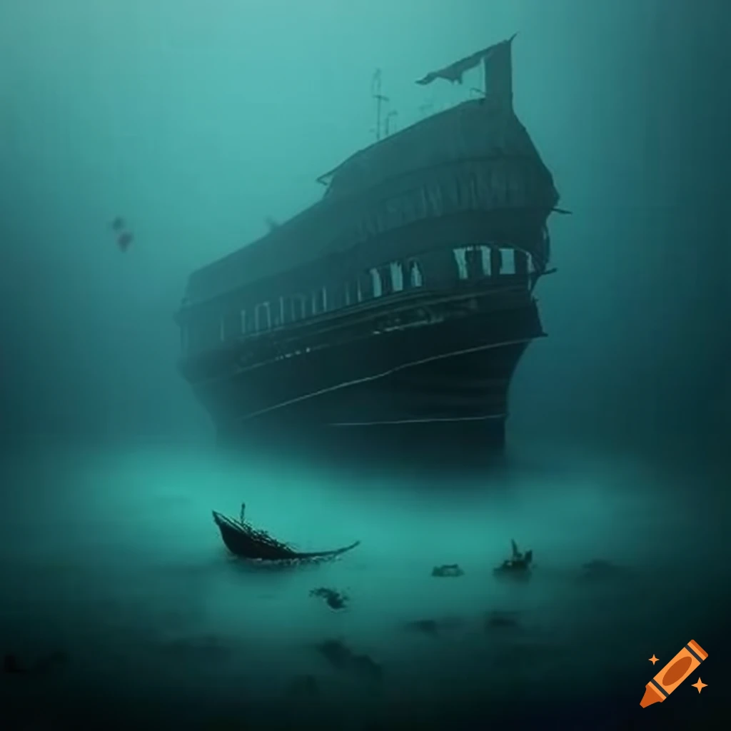 Ghost Ship SS Ourang Medan floating in a misty dark ocean