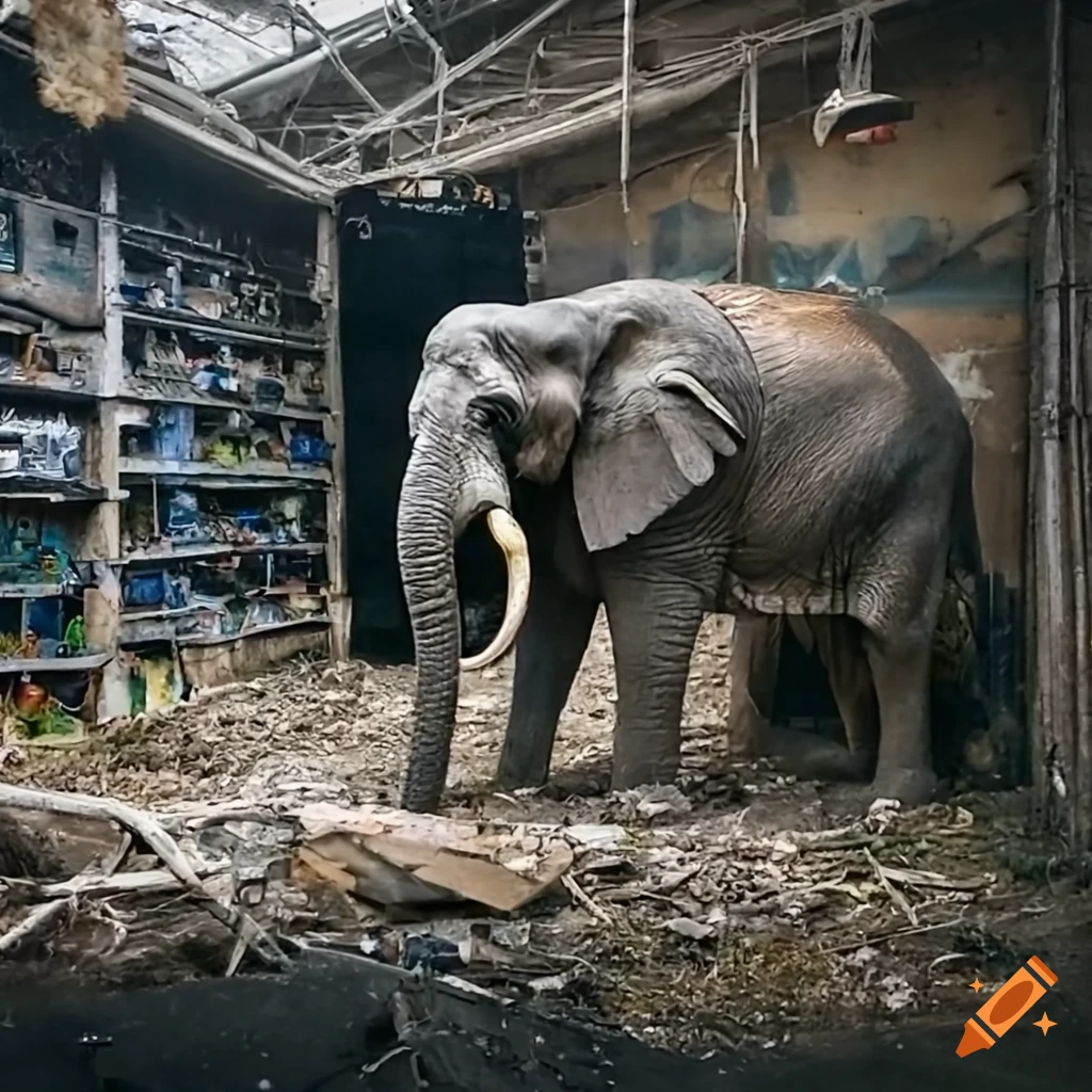 Elephant in a post-apocalyptic Walmart on Craiyon