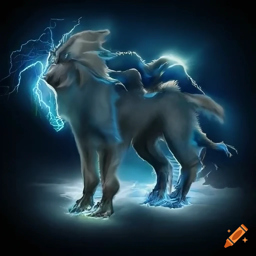 Giant thunder hound mythical creature with lightning strands and rune markings