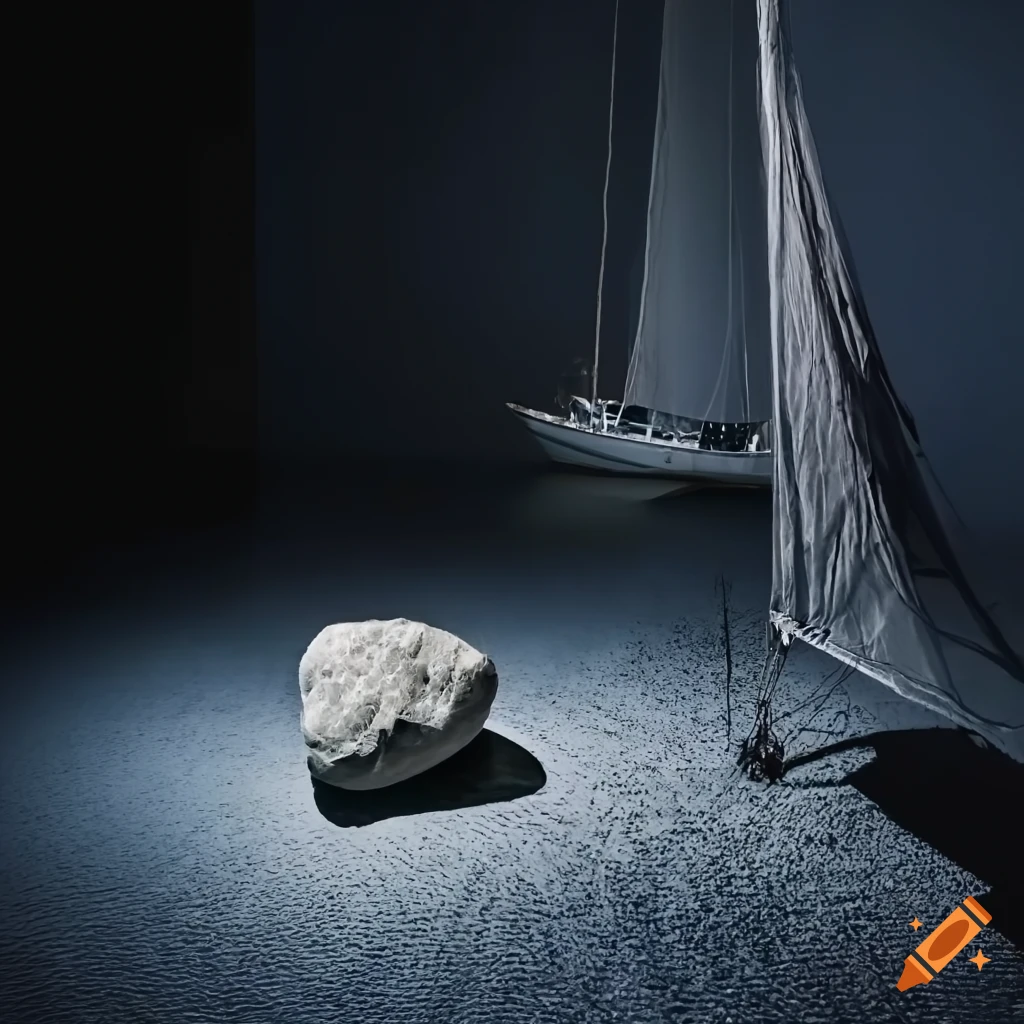 Photorealistic art installation with textile sailing boat and ceramic rocks under gloomy lighting
