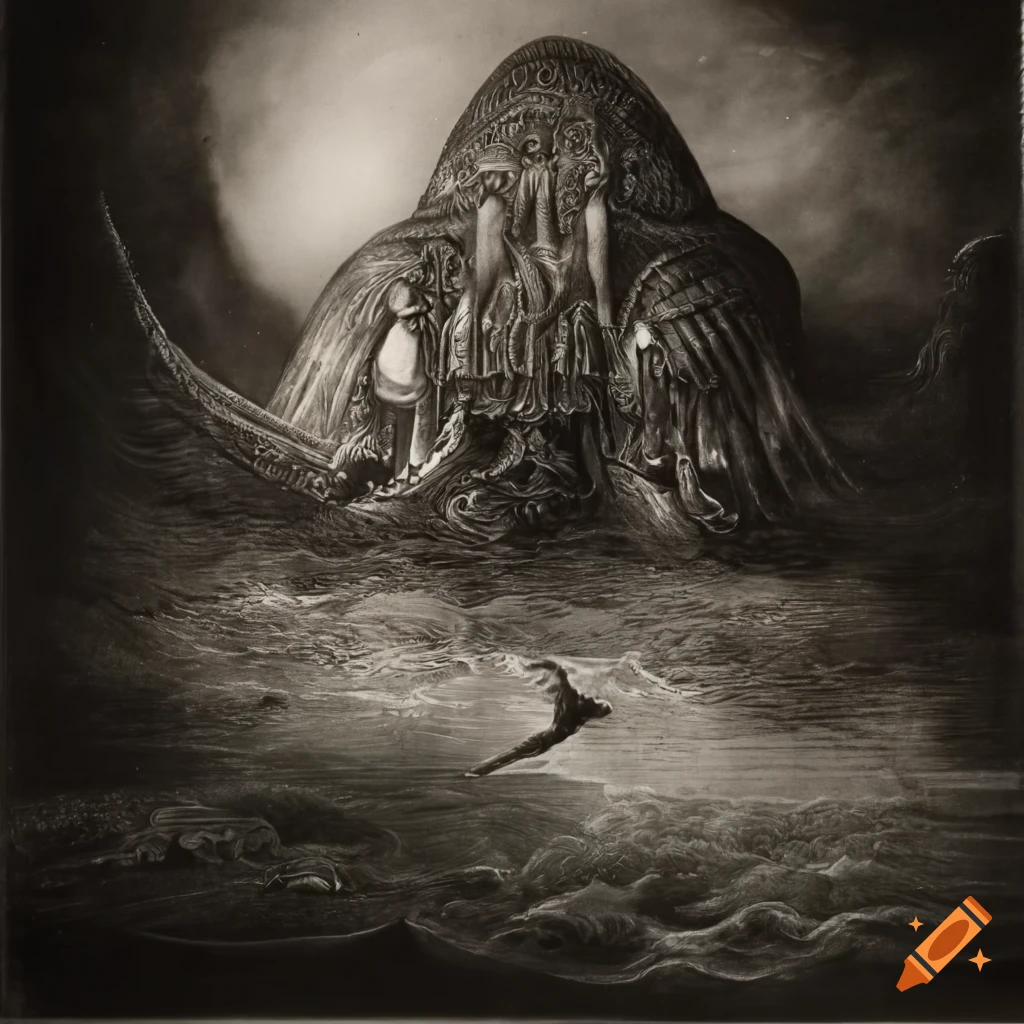 Surreal image of a fairy in front of a futuristic spaceship with a renaissance vibe in black and white