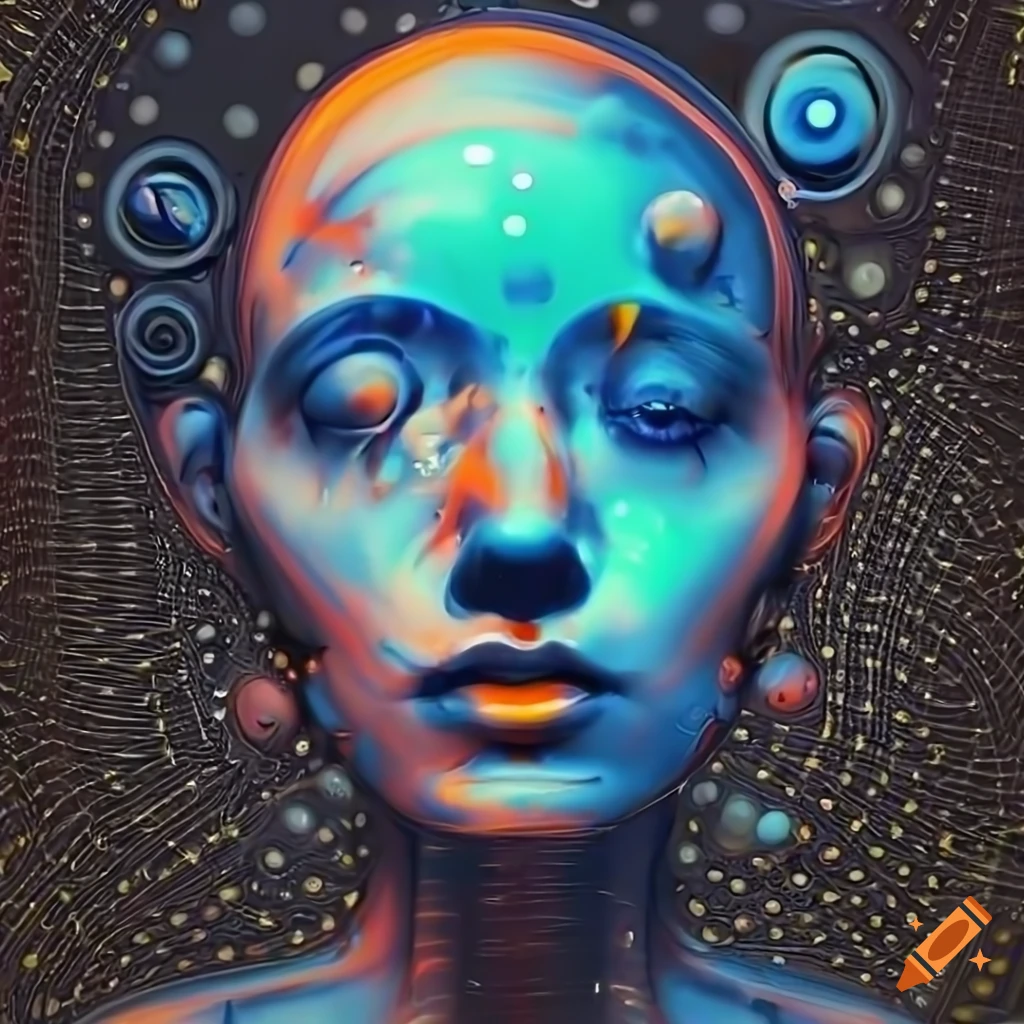 X-ray biomechanoid woman face with metallic surfaces in abstract style