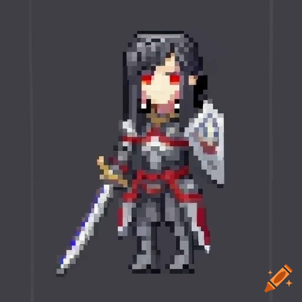 2D pixel art anime woman character in a knight role with a sword