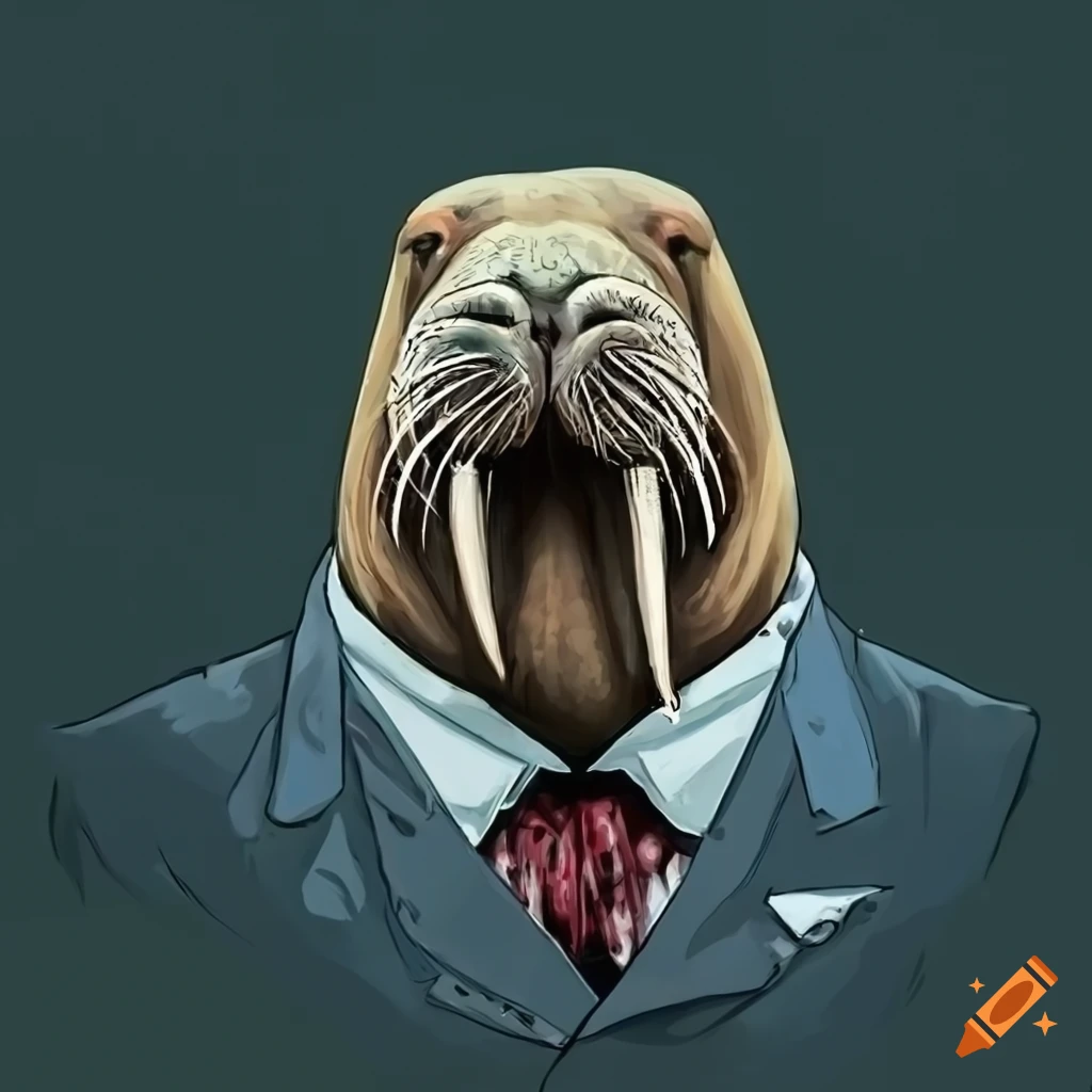 Angry walrus in a business suit, leader of the walrus mafia in a vintage  wall painting on Craiyon