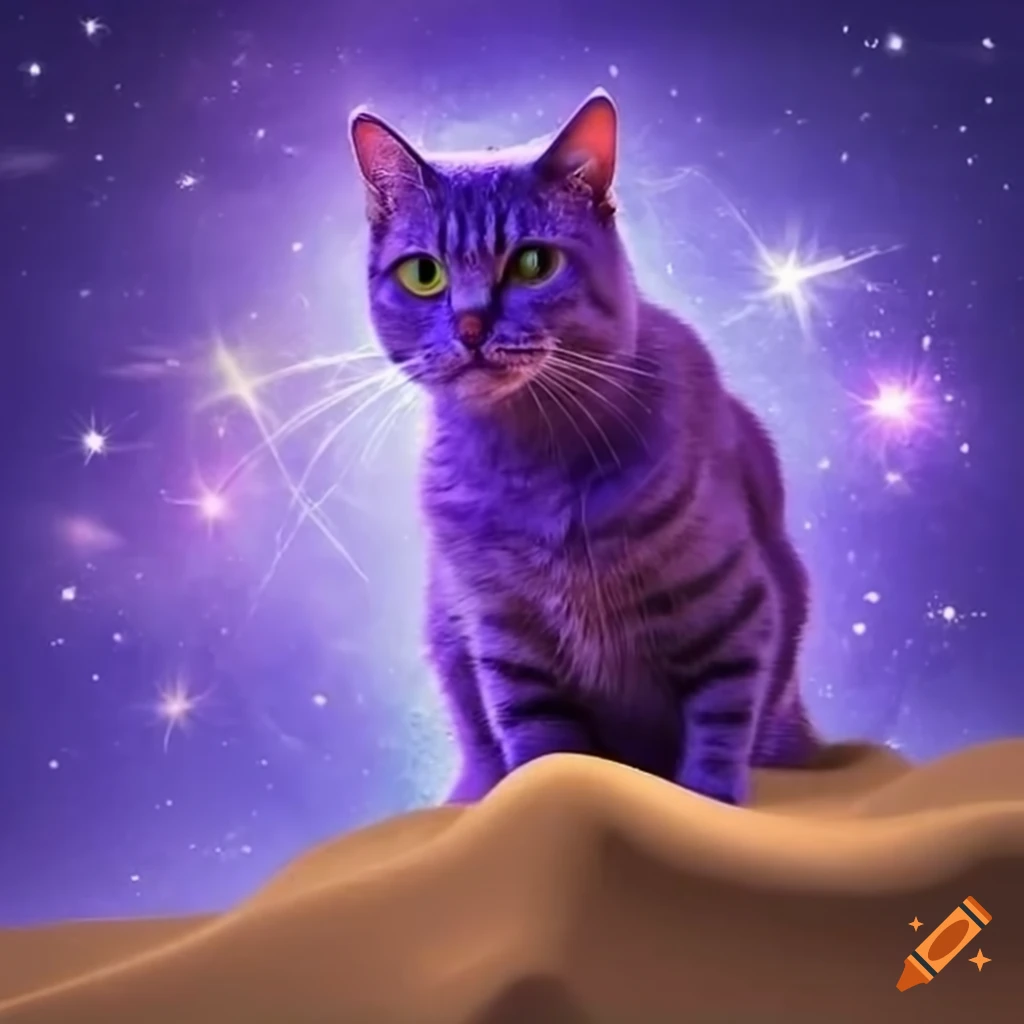 Cute purple cat in a starlit sky pooping in the sand on Craiyon