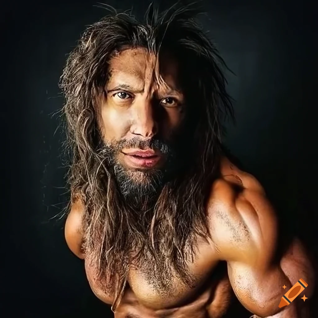 Muscular caveman taking a selfie in the wild with a rugged handsome face