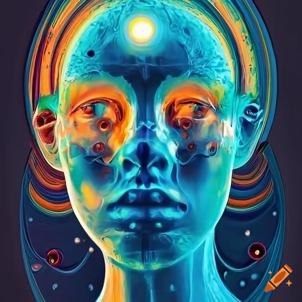 X-ray biomechanoid woman face with metallic surfaces in abstract style