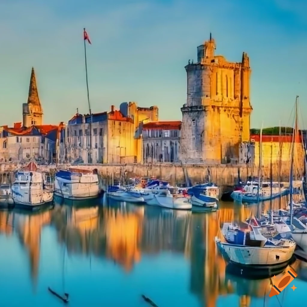 Aerial view of the old city of La Rochelle with colorful buildings and boats in the harbor