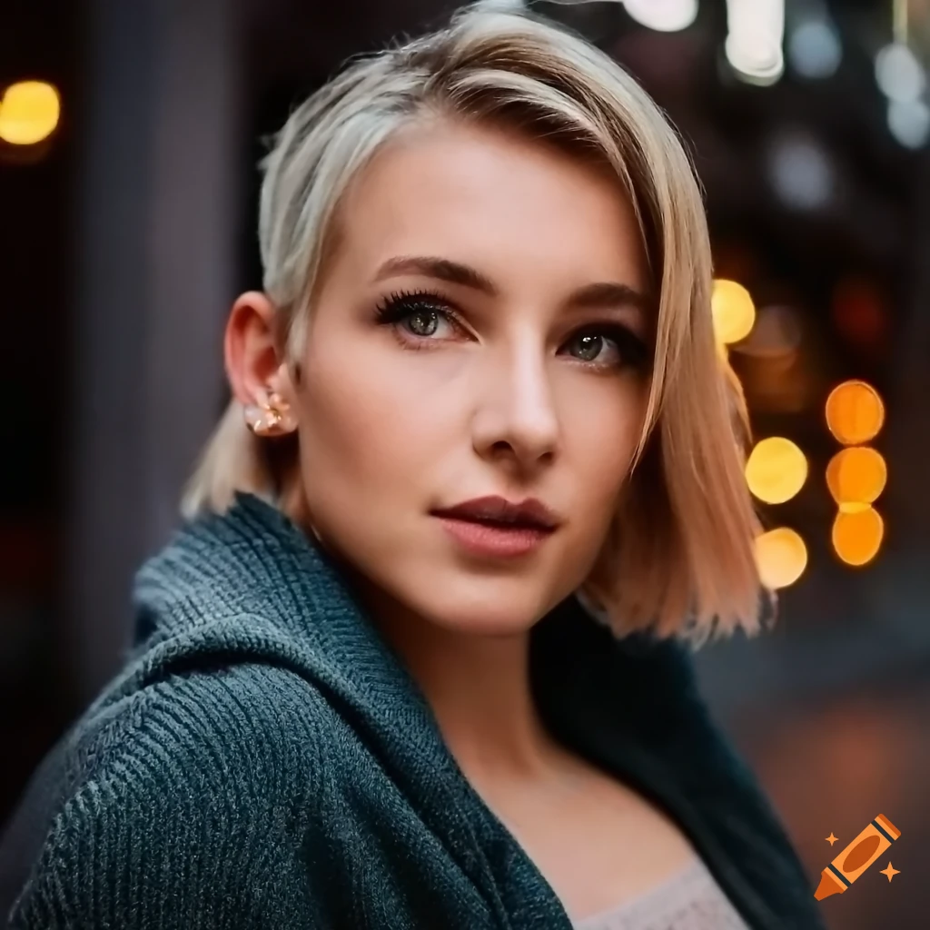 Cute blonde woman with a pixie haircut taking a selfie on the street
