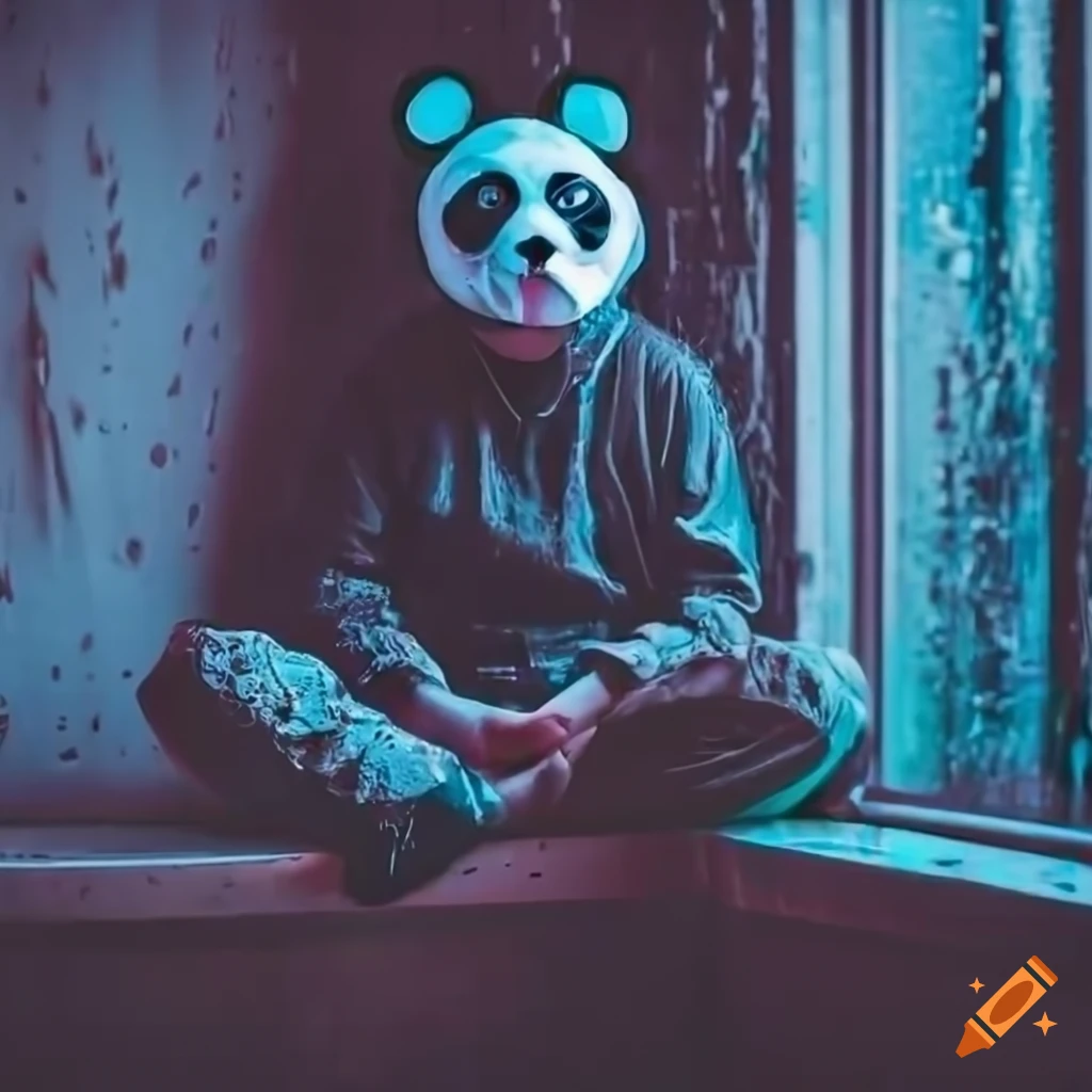Character sitting by window on a rainy day with neon lights, headphones, and panda mask