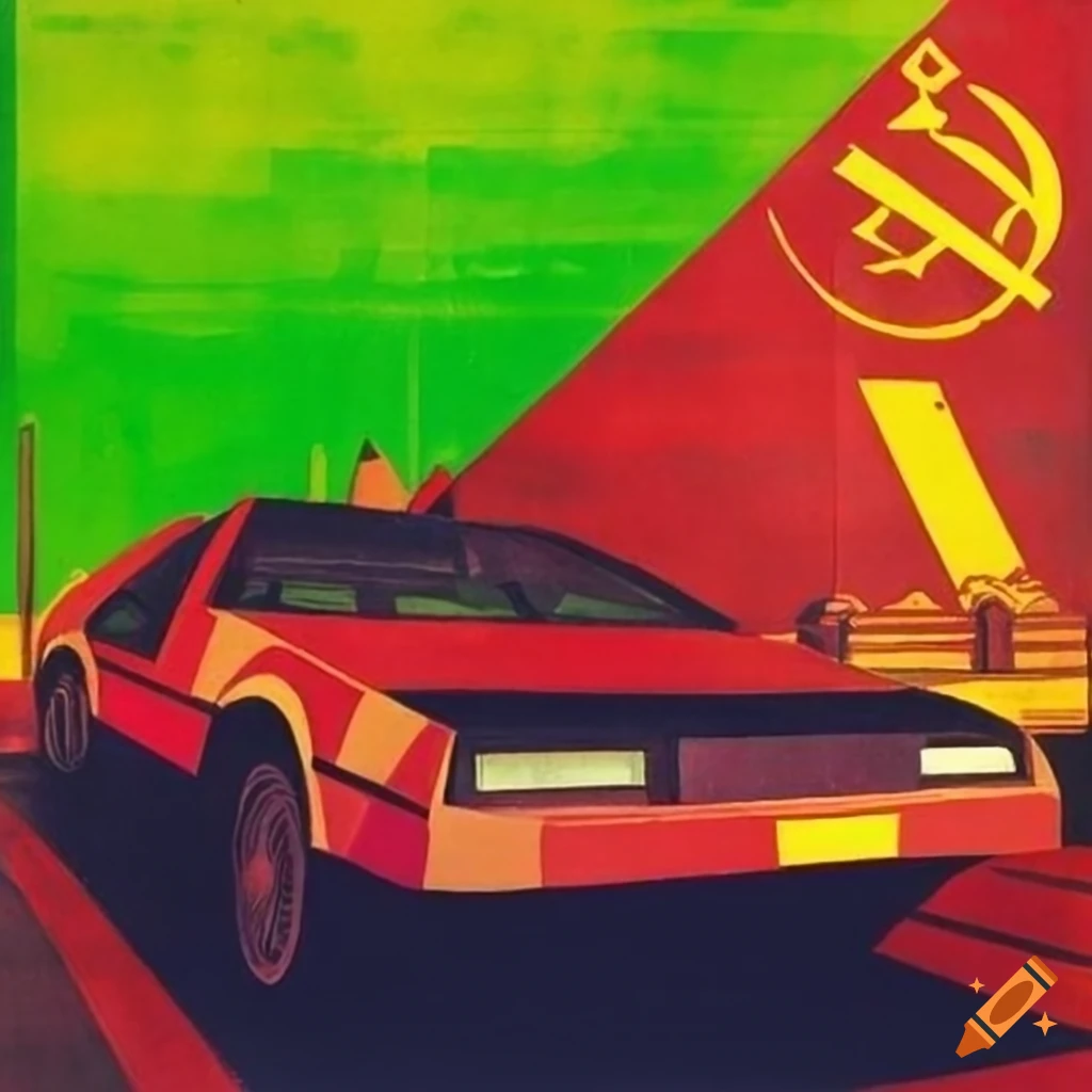 Soviet-style propaganda poster of a DMC DeLorean in red, green, and yellow