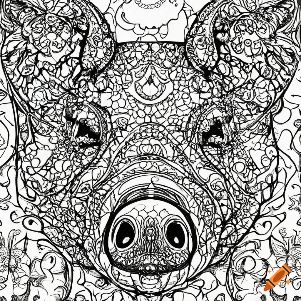 Detailed and soothing pig coloring page with intricate black line work for adults