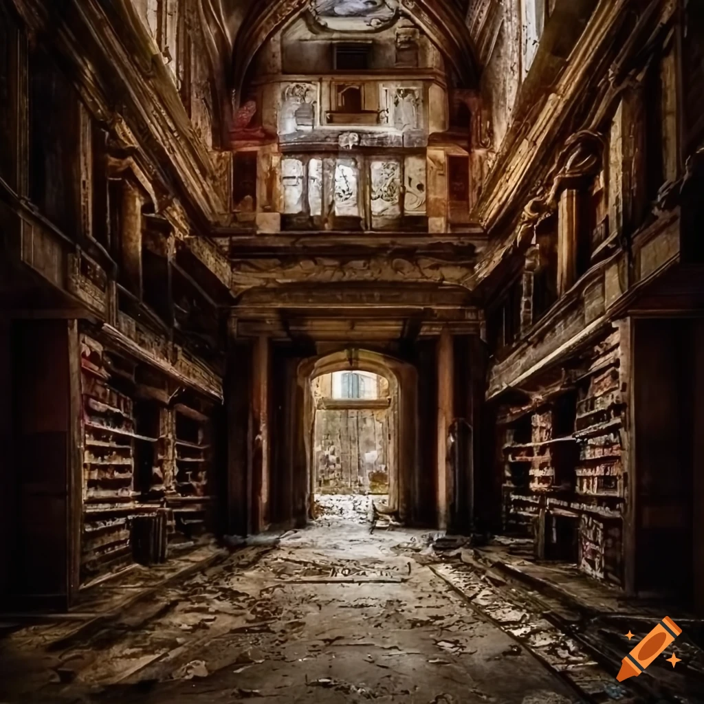 Abandoned library interior with books scattered around