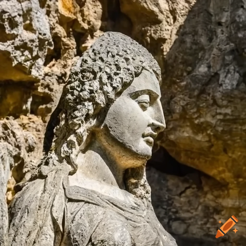 Medieval statue of a stone woman in a cave with sunlight, people watching