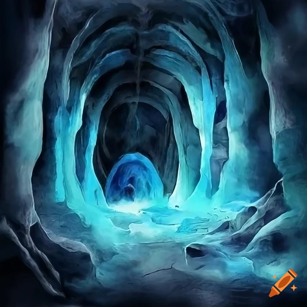 Ice cave palace with dramatic lighting designed by H.R. Giger