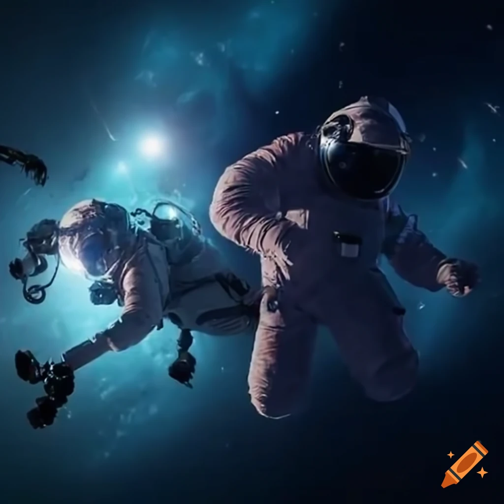 Colorful spacesuit astronauts on a cosmic mission in the Universe