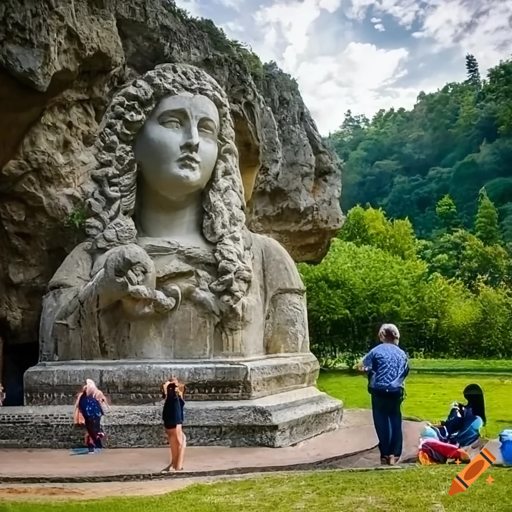Medieval statue of a stone woman in a cave with people watching