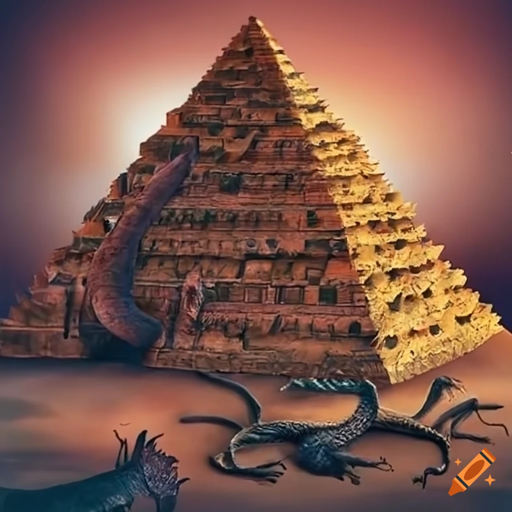 Prehistoric lizard building fireside pyramid