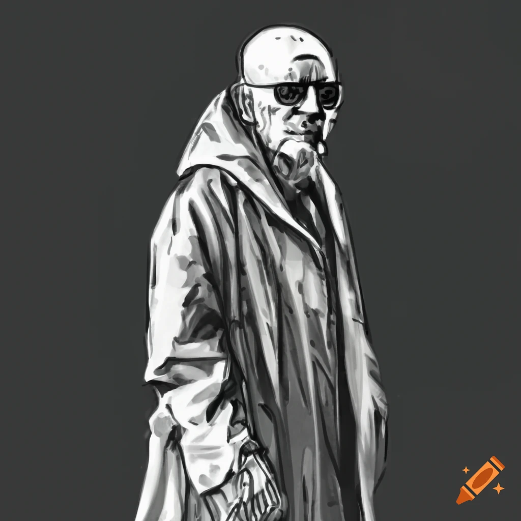 Middle-aged man in raincoat walking on the street, black and white sketch art inspired by Bill Sienkiewicz
