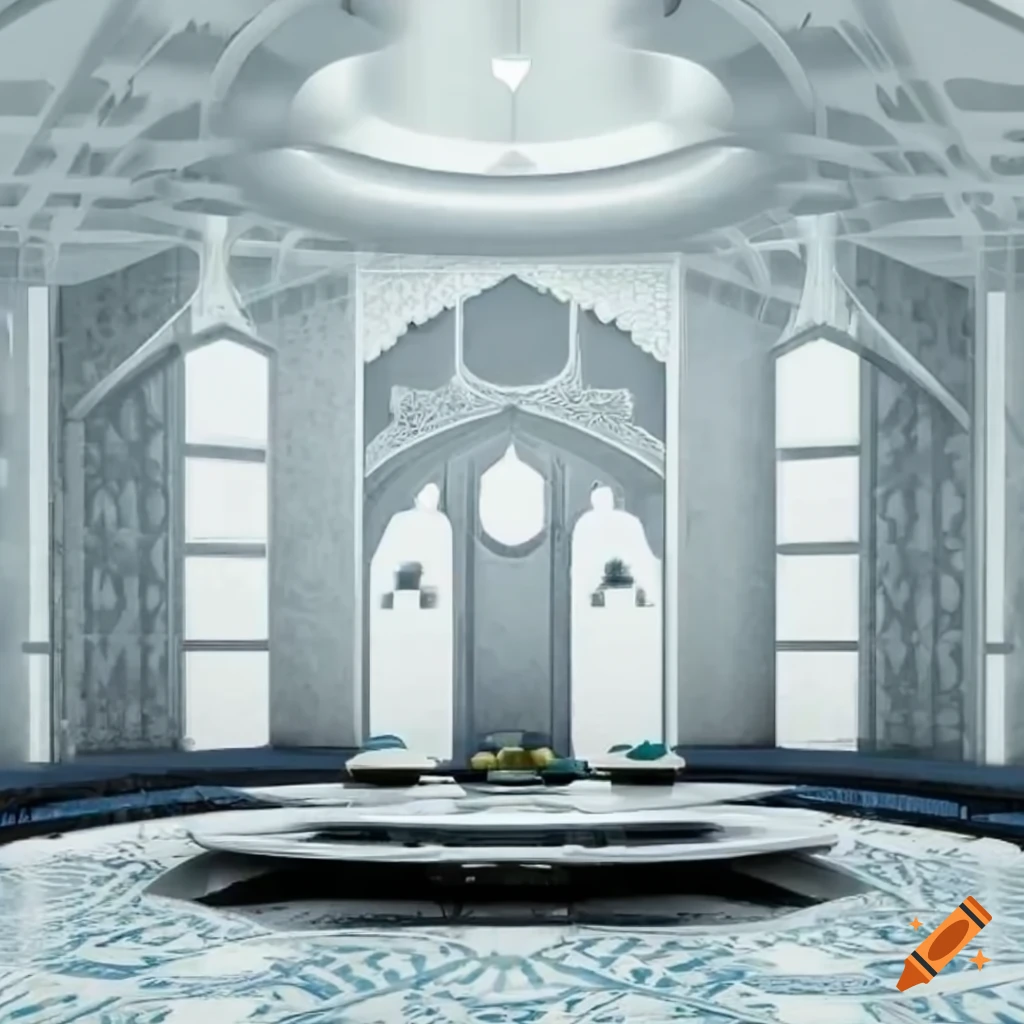 Interior of Islamic majlis room with modern white monotone design