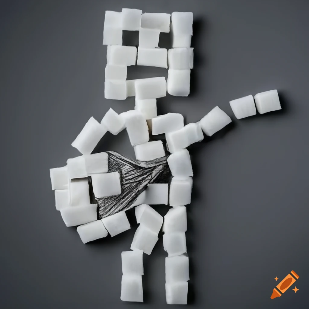 Person made of white sugar cubes holding a guitar