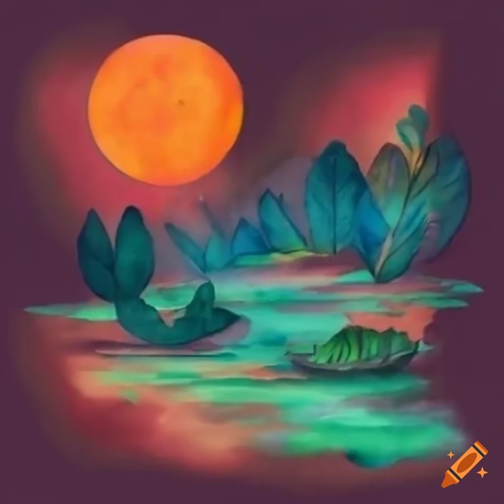 Exotic plant with red and orange hues on an alien island surrounded by mist