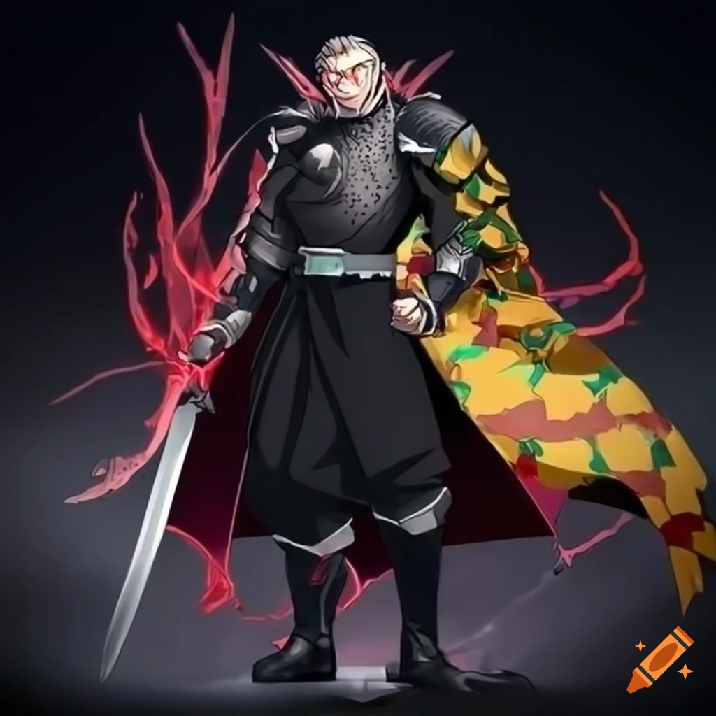 Fusion of Qui Gon Jinn and Giyuu Tomioka as a black armor knight with sword