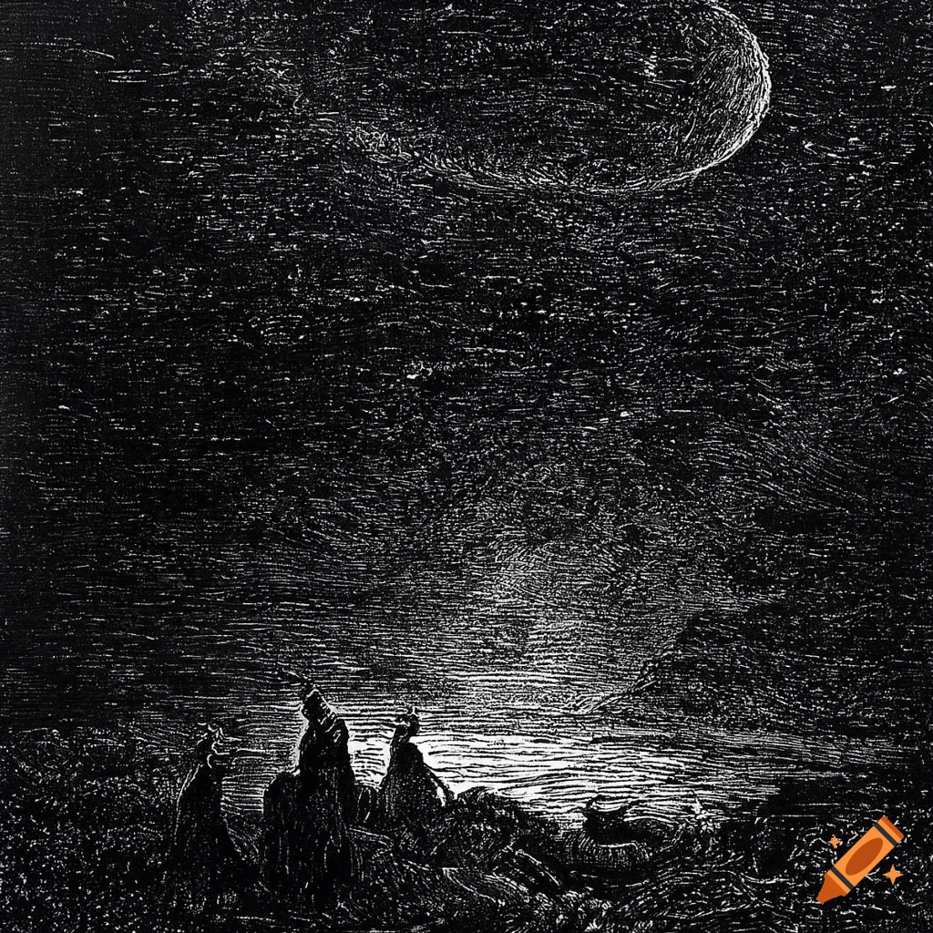 Galaxy night sky in black and white ink drawing by Gustave Doré