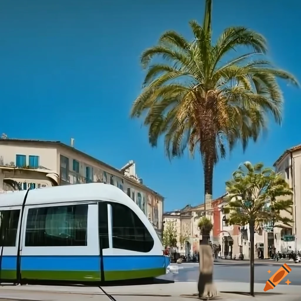 Tramway in a modern Mediterranean city landscape with palm trees