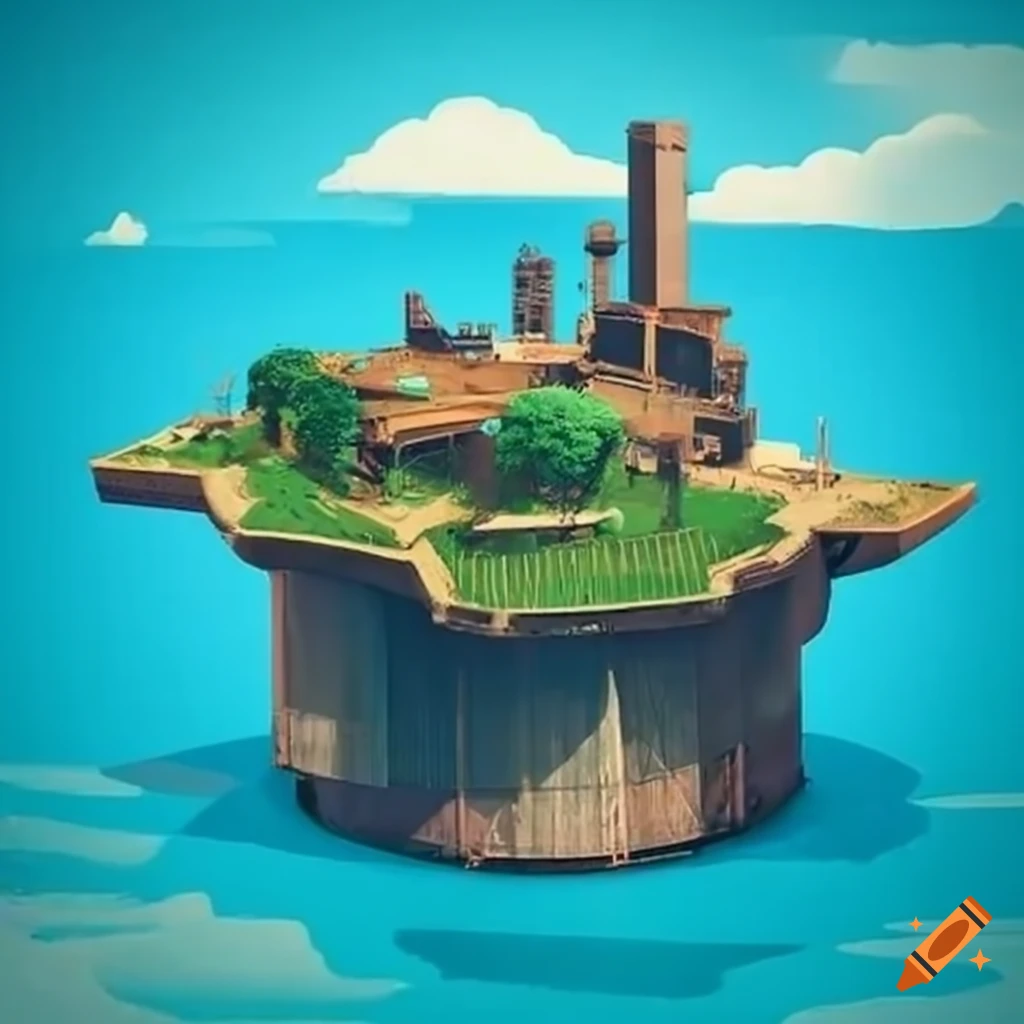 Harbor of an industrialized island building ships