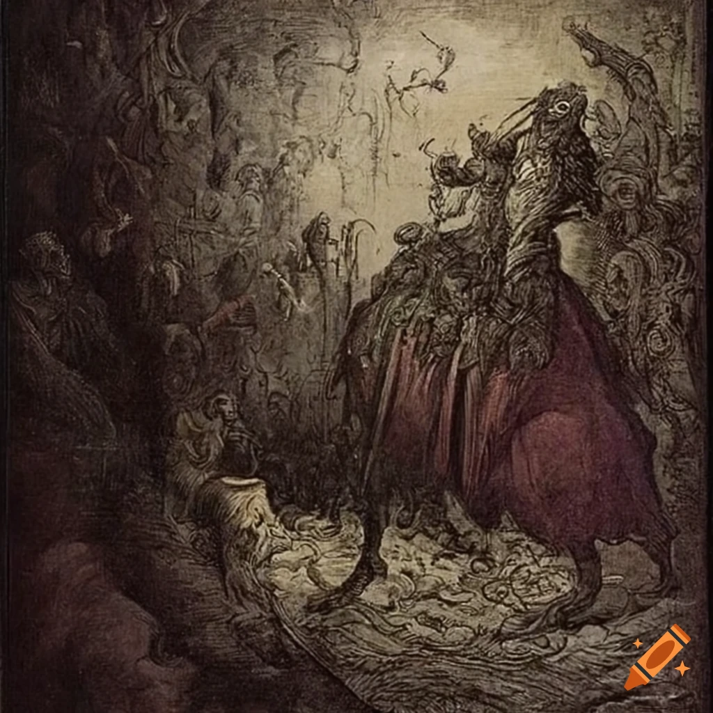 Courageous knight defeating a fearsome demon in medieval battle by Gustave Dore