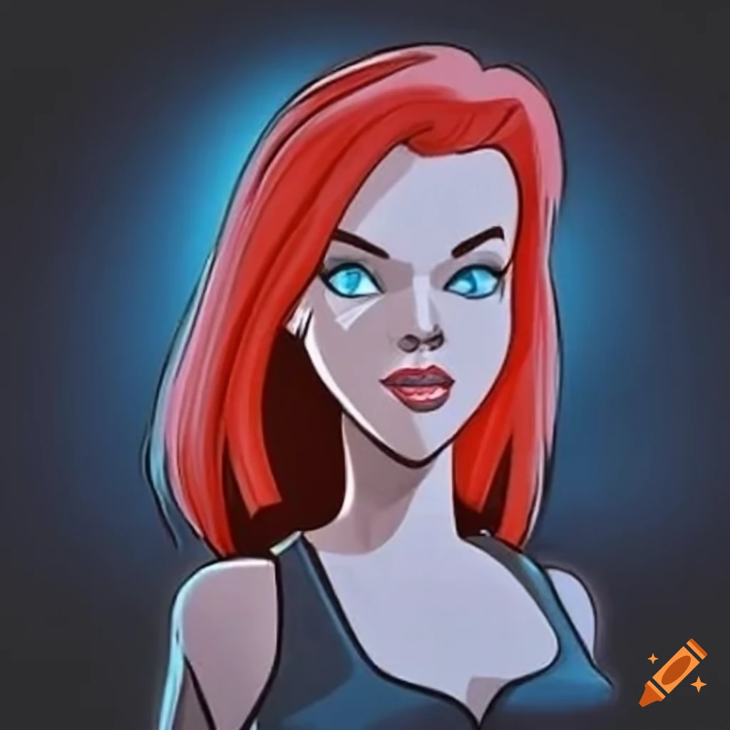 Barbara from Batman animated series with red hair and ice-blue eyes in a dark gray sleeveless shirt