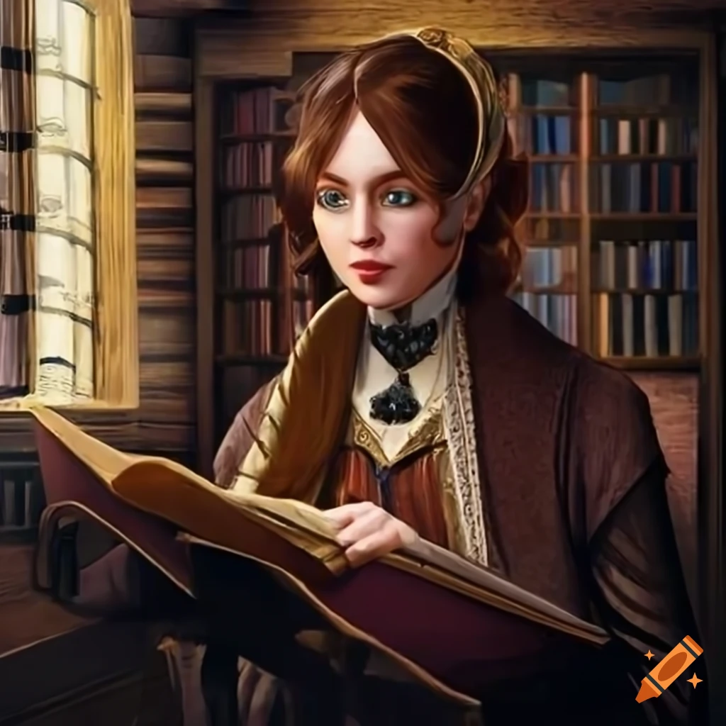 Gilded age and fantasy style female librarian with brown hair