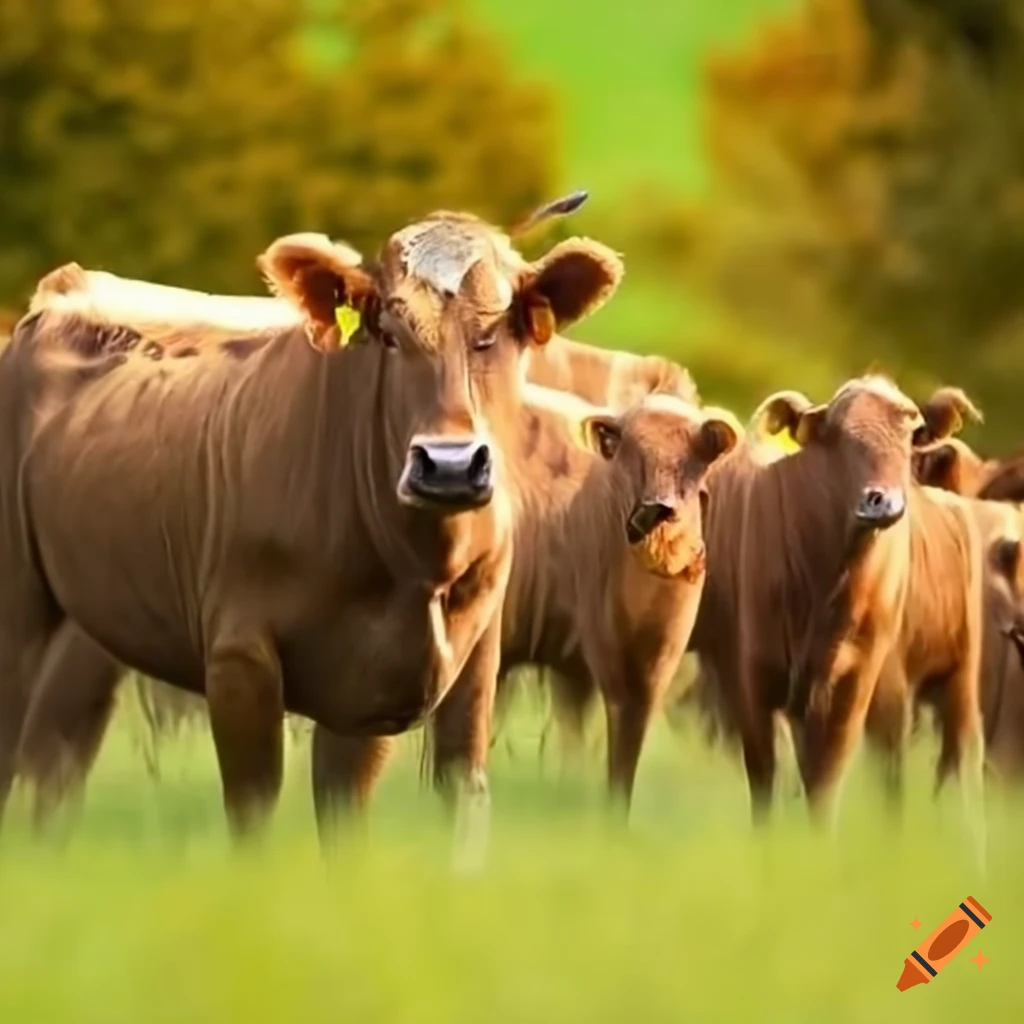 Herd of cows grazing on grass in a pasture